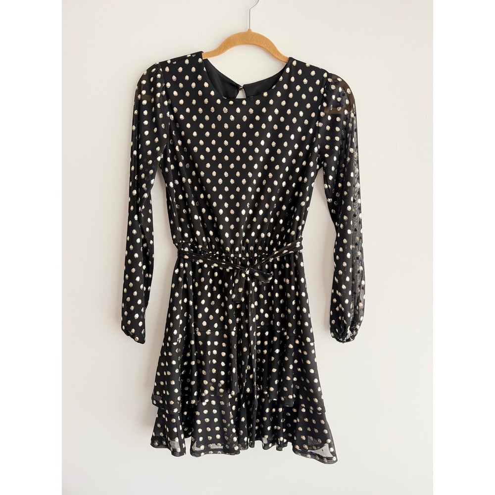 City Studio Women Black Gold Metallic Polka Dot Tiered Ruffle Mini Dress XS